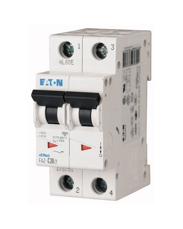 Disjoncteur modulaire FAZ, 4A, 2P, 15kA (IEC/EN 60947-2), courbe C KLO0000278752  Disjoncteur à vis Eaton